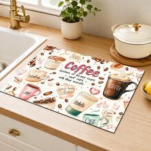 1pc Cute Coffee Print Diatomaceous Earth Kitchen Draining Mat, Absorbent Quick-Drying Non-Slip Coffee Machine Mat, Suitable For Kitchen Countertop, Coffee Corner And Dish Drying Area Decoration - Multicolor - View 5