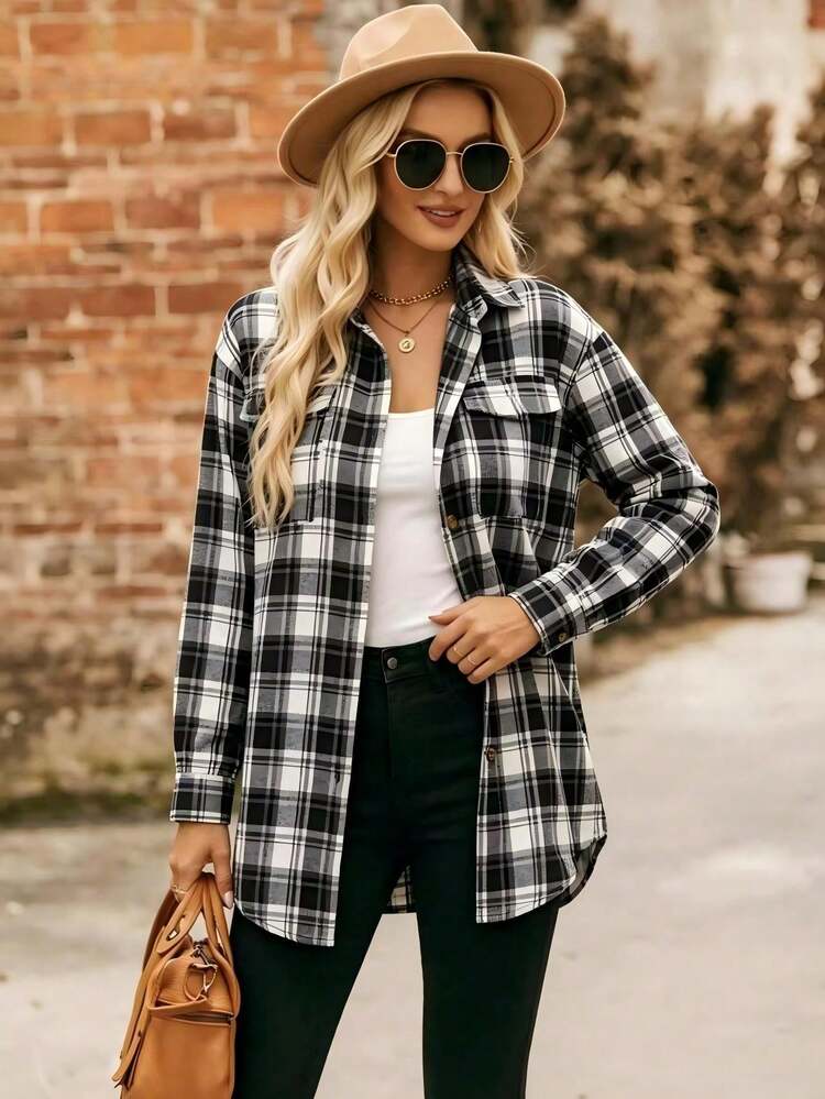 Women's Plaid Long Sleeve Button-Down Shirt Collar Top With Pockets, Dropped Shoulder Regular Length High-Low Hem Polyester Blouse, Suitable For Autumn/Winter Wear - Black - View 6