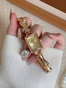 女士金色方形手鍊腕錶，精緻小巧，適合日常配戴，生日/畢業禮物，休閒聚會 - 金色 - 查看 3