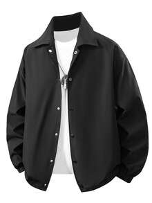 1pc Men's Black Lapel Jacket, Smooth Woven Fabric, Dirt-Resistant And Wrinkle-Resistant, Loose Drop Shoulder Fit, Solid Color Minimalist Casual Style, Suitable For Campus, Commute, Street, Couple Daily Wear - Black - View 1