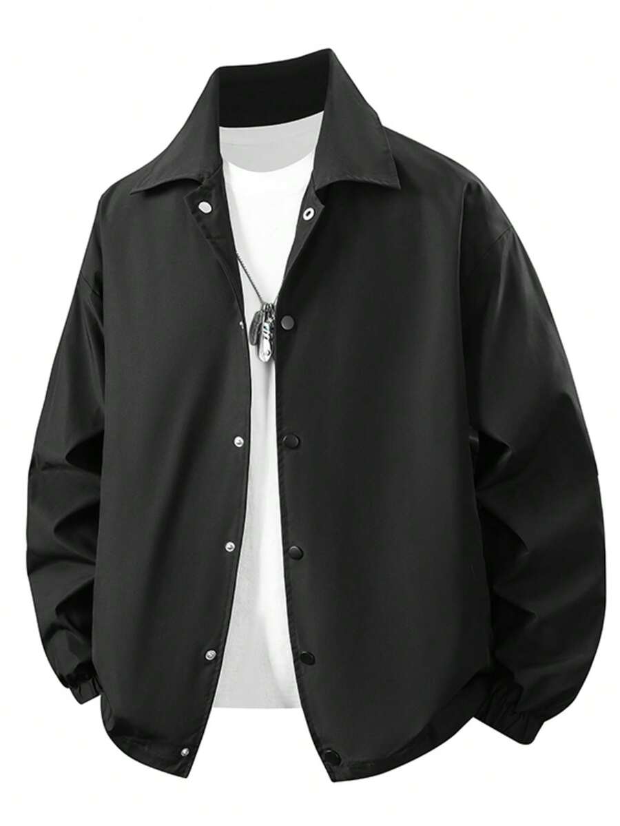 1pc Men's Black Lapel Jacket, Smooth Woven Fabric, Dirt-Resistant And Wrinkle-Resistant, Loose Drop Shoulder Fit, Solid Color Minimalist Casual Style, Suitable For Campus, Commute, Street, Couple Daily Wear - Black - View 1