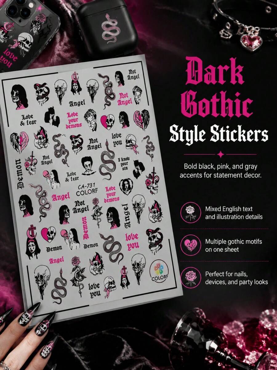 1 Set Cool Dark Skull Snake Pattern Portrait Decorative Sticker, Cold Tone Artistic Style, Smooth Adhesive Surface Easy To Peel, Suitable For Gift Packaging, Craft Ornament Surface Decoration, Decorative Sticker, Surface Decoration Accessory