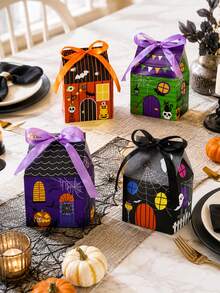 24/12/2pcs Halloween Candy Treat Boxes, Pumpkin Bat Ghost Party Packaging With Ribbon, Castle House Mini Halloween Party Favor Box, 4 Assorted House Designs, For Holiday Party Treat Cookie Goodie Snack Gift Packaging - Multicolor - View 8