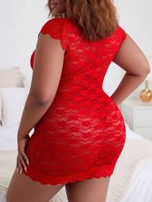 Women's Plus Size Floral Lace Sexy Lingerie Jumpsuit Mesh Nightgown - Red - View 4
