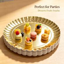 10pcs Gold Foil Food Serving Trays, Sturdy Cardboard Serving Platters, Round Scalloped Edge Paper Plates, For Party Cake Dessert Catering Appetizer Display Wedding Birthday Baby Shower Party Tableware Snack Display - Gold - View 9