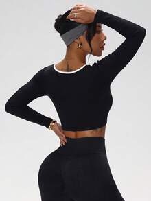 1pc Women's Ribbed Long Sleeve Sports Top, Autumn/Winter, Soft Elastic Shaping Slim Fit Versatile T-Shirt Black - Black - View 9