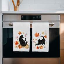 2PCS Kitchen Towels Autumn Minimalist Black Cat & Maple Leaf Pattern Printed 40*60cm Simple Style Rectangular Microfiber Kitchen Towels, Dish Cloths, Tablecloths, Hand Towels, Kitchen Decor, Home Decor, Housewarming Gifts For Neighbors, Perfect For Kitchen And Bathroom Use, Suitable For Housewives And Family Gatherings, High Cost-Performance, Essential Home Product - White - View 5