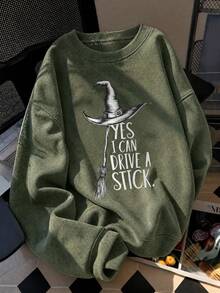 1 pieza Sudadera de cuello redondo para mujer, estampado de escoba de bruja de Halloween, estilo vintage divertido, adecuado para campus, citas, viajes y actividades de Halloween casual - Verde Oliva - Ver 2