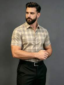 British Style Khaki Plaid Short Sleeve Shirt, Men's Slim Fit Office Casual Top - Khaki - View 3