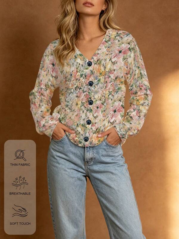 ADFHP Women's Autumn/Winter Floral Print Sweater, V-Neck Thin Knit Cardigan For Office, Vacation, Travel, Casual Versatile Outerwear Top Fall
