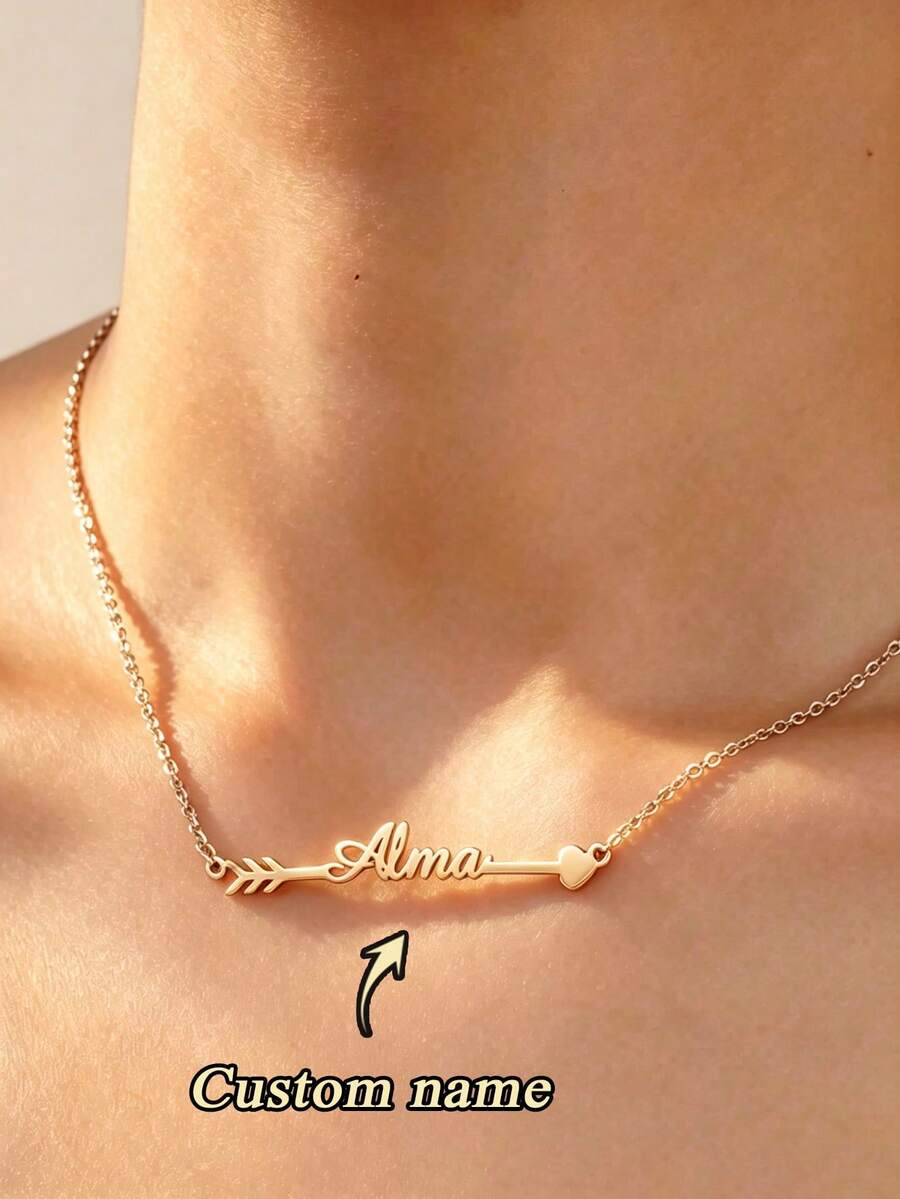 1 pièce Collier personnalisé en forme de cœur avec nom, bijou en acier inoxydable, collier de flèche de Cupidon DIY, convient pour un port toute saison pour femmes, cadeau de la Saint-Valentin, cadeau de la Fête des Mères, cadeau personnalisé - Multicolore - Voir 1