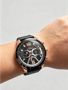 1pc Casual Men's Business Leather Strap Mechanical Watch, Calendar Men's Leather Strap Sports Watch - Gold - View 12