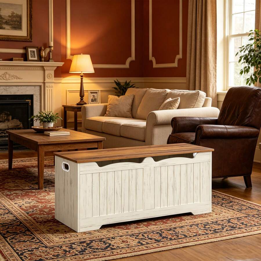 Halupeit 47.2-Inch Wooden Flip Storage Box, Double Hinged White Storage Stool With Handle, Versatile For Foyer Bedroom And Living Room - White Brown - View 1