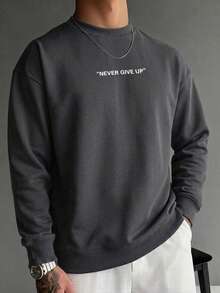 Men's Spring/Autumn Casual Daily Commute Minimalist Versatile English Print Crew Neck Sweatshirt - Dark Grey - View 2