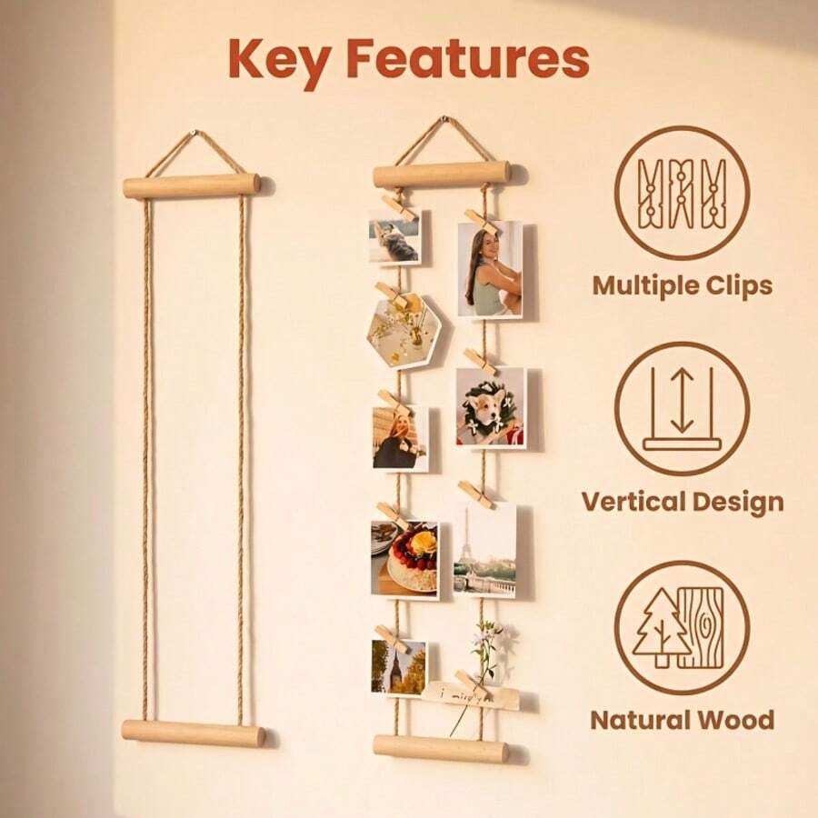 Natural Wood Photo Hanging Rope With Wooden Clips, Multi-Photo Display Rack, No Drilling Required, Space-Saving For Dorm, Bedroom, Desk, And Wall Decoration - A - View 1