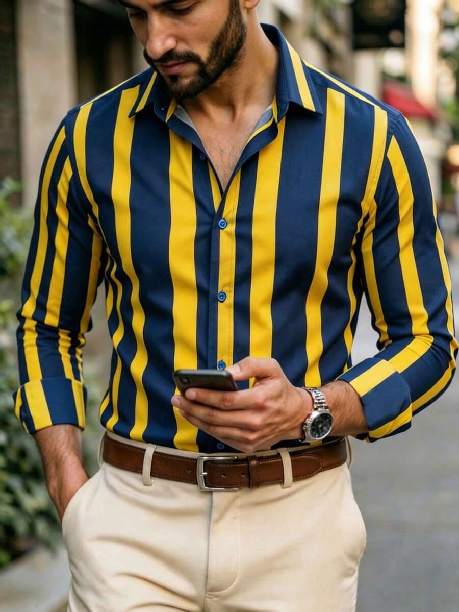 Men's Long Sleeve Striped Single-Breasted Casual Commuter Shirt - Yellow - View 1