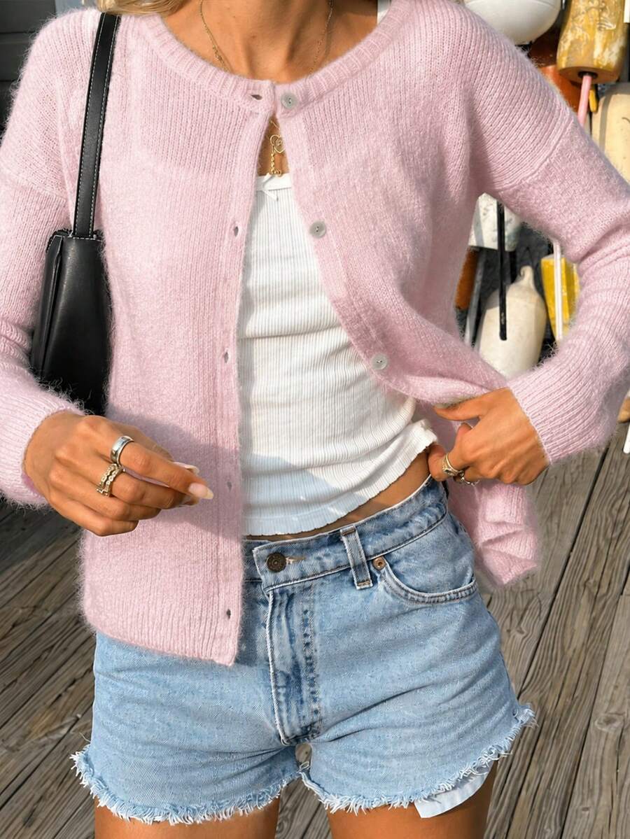 Cardigan Rajut Mohair Lembut dan Halus untuk Wanita, Warna Pink Polos, Kerah Bulat, Kancing Depan, Lengan Panjang, Longgar, Kasual, Jaket Sweater Musim Gugur - Baby Pink - View 1
