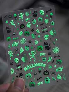 1pc 5D Luminous Effect Halloween Nail Stickers Skull Ghost Pumpkin Bat Self Adhesive Nail Art Decals - Multicolor - View 5