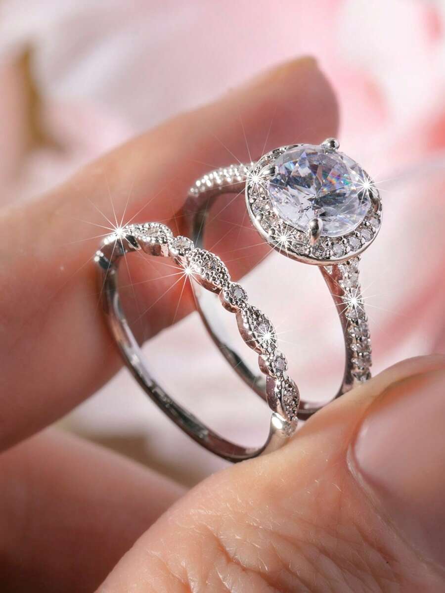 2件組銀色圓形光環鋯石婚戒套組,馬眼形鑲飾可疊戴訂婚戒,女款2件戒指套組,無盒 - 銀色 - 查看 1