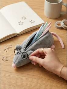 Mouse Shape Plush Pencil Case With Glasses Stationery Storage Bag Office Desktop Organizer For Students Teens,Office Supplies,School Supllies - Slimming Mouse Pencil Case + Wire Glasses - View 5