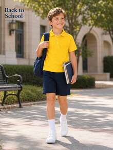 Young Boy Classic Bright Yellow Solid Color Short Sleeve Polo Shirt Suitable For Daily Outings, Gatherings, Performances And Events - Yellow - View 4