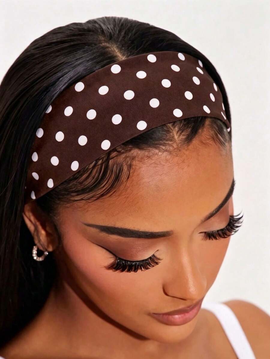 1 Damen Vintage Polka-Dot Haarband – breites braunes elastisches Haarband im französischen Stil – weiches, dehnbares Haaraccessoire für Sommermode - Kaffeebraun - Übersicht 1