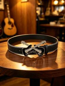 1pc Valentine's Day, Carnival, Halloween, Christmas, Birthday Gift, 3D Guitar Head Buckle Belt, Handmade Embossed Scroll Pattern PU Belt - Multicolor - View 2