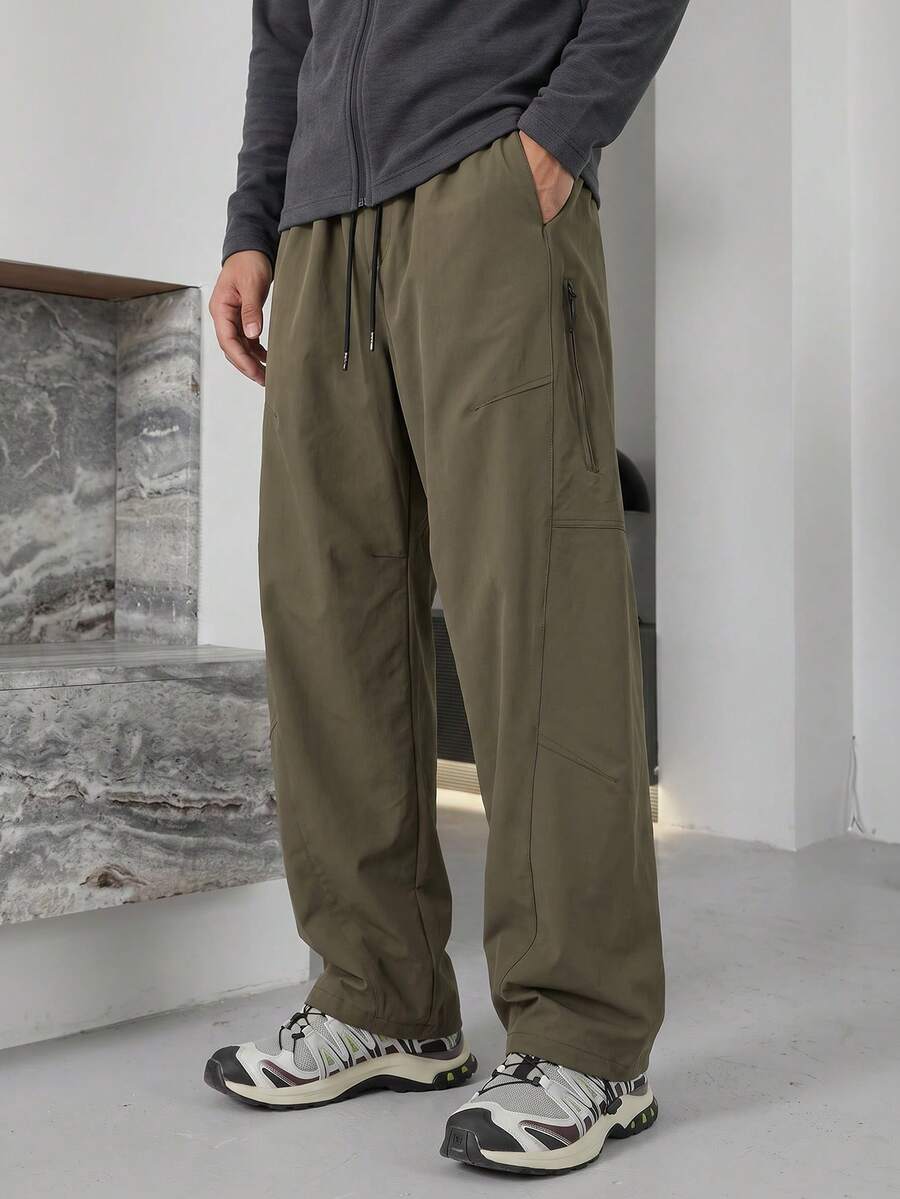 Plus Size Men's Functional Straight Leg Cargo Pants, Drawstring Elastic Waist, Zipper Pockets, Outdoor Hiking Casual Pants - Brown - View 1
