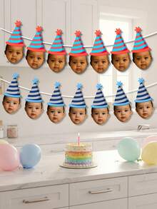 Custom Baby Face Birthday Banner,Rainbow Stripe Party Hat Garland,Milestone Birthday Photograph Backdrop,First Birthday Party,Family Gift,Baby Shower - Multicolor - View 6