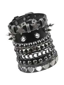 Xiacheng Punk Rock Leather Bracelet Set, Stackable Black Cuffs, Hearts, Stars And Chains, Gothic Emo Jewelry For Men Women, Perfect For Halloween & Concerts - Multicolor - View 1
