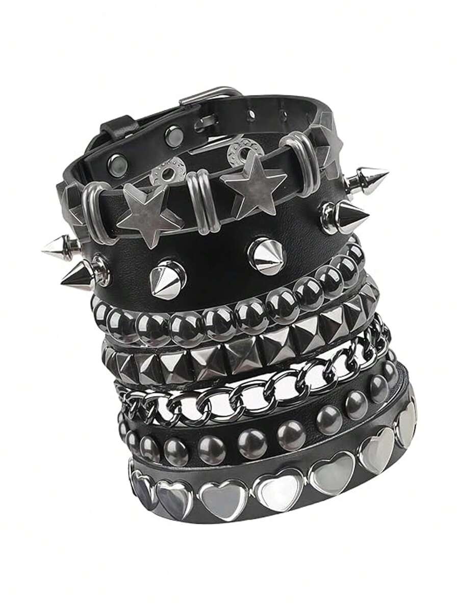 Xiacheng Punk Rock Leather Bracelet Set, Stackable Black Cuffs, Hearts, Stars And Chains, Gothic Emo Jewelry For Men Women, Perfect For Halloween & Concerts - Multicolor - View 1