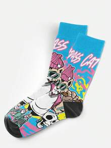 Calcetines estampados 360° para hombre - Calcetines de estilo callejero, gato, ritmo, DJ callejero, coloridos, divertidos, adecuados para uso diario, vacaciones & ocasiones de fiesta - Azul - Ver 7
