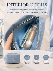 3CE Light Blue Denim Makeup Bag, 16*11.5cm, Durable Denim Fabric With Layered Compartments, Suitable For Daily Makeup Storage And Short Trips - Light Blue - View 7