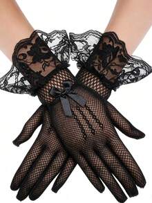 1 Pair Women's Short Fishnet Gloves, Ruffle Lace Cuff With Bow Decor, Party Evening Dress Accessory - Black - View 4