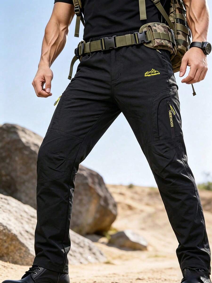Celana Hiking Pria, Celana Panjang Olahraga Trekking Luar Ruangan Musim Semi/Musim Gugur, Desain Ritsleting Multi-Saku, Hitam - Hitam - View 1