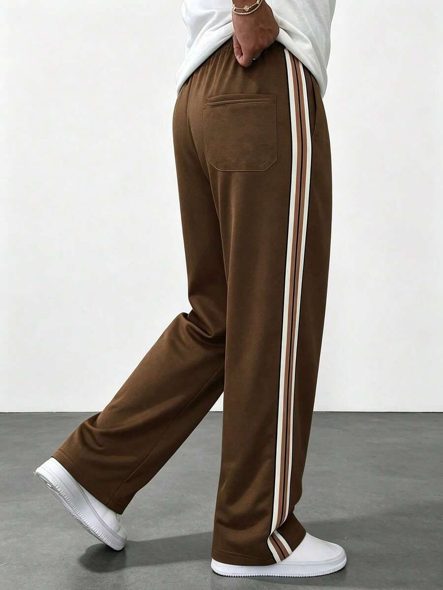 Men's Summer Knitted Long Pants With Color Block Design, Casual Straight Leg Sports Pants For Daily Wear And Commuting - Coffee Brown - View 1