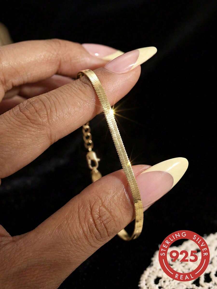 1件時尚925純銀扁蛇骨鏈手鍊,適合女性,適用於DIY珠寶製作與日常配戴,女孩理想配件 - 扁蛇骨手鍊 - 查看 1