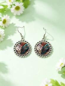 1 Pair Vintage Elegant Peacock Feather Pattern With Round Hollow Lace Earrings Suitable For Women's Daily Wear - Silver - View 6