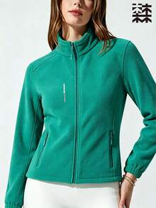 mulinsen Women's Solid Color Fleece Sports Jacket, Stand Collar Zipper Style, With Zipper Pockets, Letter Detail, Elastic Cuffs, Warm Fabric - Cadet Blue - View 5