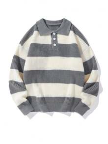 Men's Striped Polo Neck Knit Sweater Fashion Color Block Semi-Open Casual Pullover - Grey - View 2