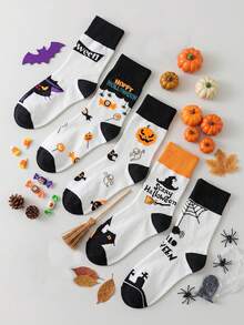 5 Pairs/1 Random Pair Halloween Essential Comfortable Versatile Mid-Calf Socks, Halloween Pumpkin Socks, Couple Mid-Calf Socks, Fun Sports Socks - Multicolor - View 4