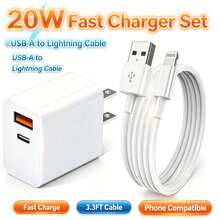 20W Dual Port Fast Charger Set, USB-A And USB-C Wall Charger Adapter, With 3.3ft USB-A To Lightning Fast Charging Cable, Compatible With IPhone All Series - White - View 1