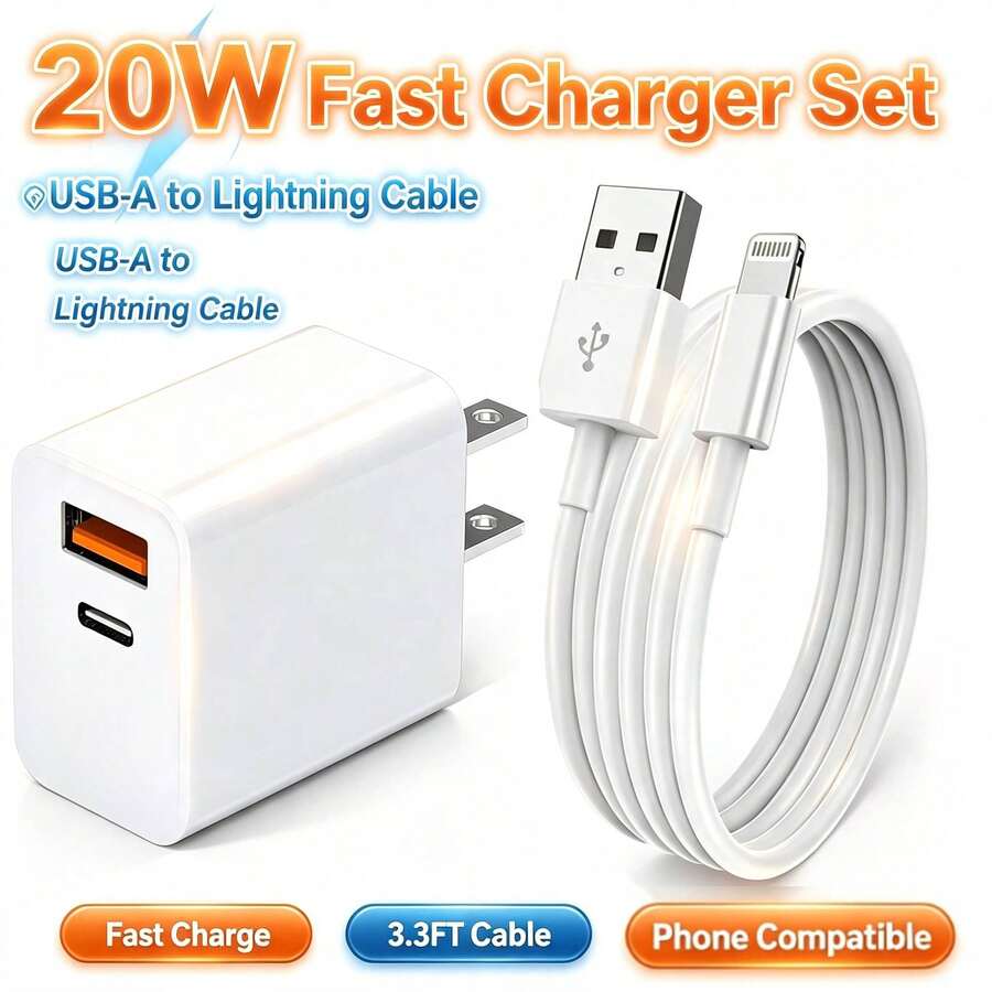20W Dual Port Fast Charger Set, USB-A And USB-C Wall Charger Adapter, With 3.3ft USB-A To Lightning Fast Charging Cable, Compatible With IPhone All Series - White - View 1