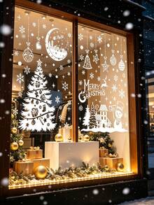 244pcs/9pcs Christmas Window Stickers, Double-Sided Christmas Tree & Snowflake Window Decals, White Holiday PVC Stickers For Home, Store, Glass Display Decoration, Christmas Home, School, Office Decor - A - View 2