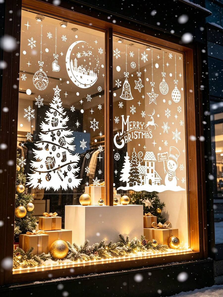 244pcs/9pcs Christmas Window Stickers, Double-Sided Christmas Tree & Snowflake Window Decals, White Holiday PVC Stickers For Home, Store, Glass Display Decoration, Christmas Home, School, Office Decor