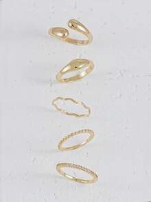 5pcs Exquisite Cubic Zirconia Inlaid Wave & Water Drop Ring Set, Suitable For Women's Daily Wear, Dating, Party, Stacking - Yellow Gold - View 6