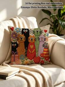 1件可愛貓咪刺繡枕套，彩色小貓圖案裝飾靠墊套，適用臥室居家裝飾（不含枕芯） - 彩色 - 查看 5