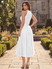 MIUSOL Sequin Floral Lace Halter Neck Sleeveless Ruched Chiffon Prom Homecoming Dress, Spring/Summer Dress Elegant White - White - View 2