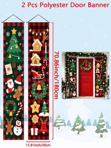 2Pcs Christmas Gatepost Couplet, Gingerbread Man, Snowman, Reindeer, Christmas Tree, Wreath Pattern Christmas Door Cover Banners, 30*180cm Polyester Xmas Front Door Hanging Banners, Porch Sign, Merry Christmas Decoration, Christmas Decor, Xmas Decor, Wall Decoration, Winter Indoor/Outdoor Decoration, Holiday Home Decor - Multicolor - View 4