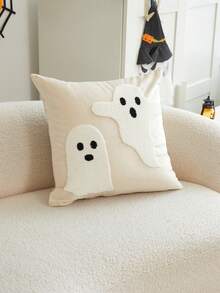 LCUHPCL 1pc Halloween Atmosphere Soft Cute Beige Ghost 3D Embroidered Plush Pillowcase, Suitable For Home Decor, Living Room, Sofa, Bedroom, Car, Party And Various Environments - Beige - View 10